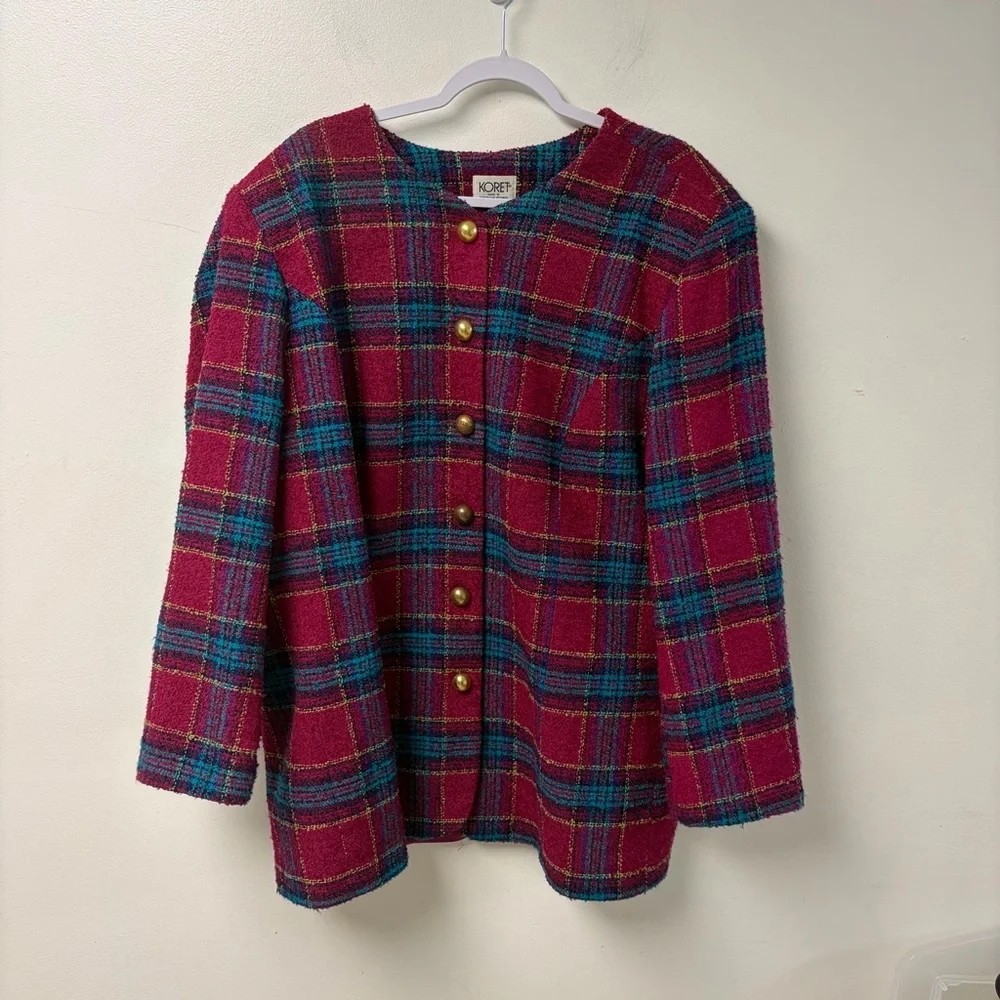 Koret Vintage Pink‎ Plaid Wool Blend Tweed Jacket Size 28W